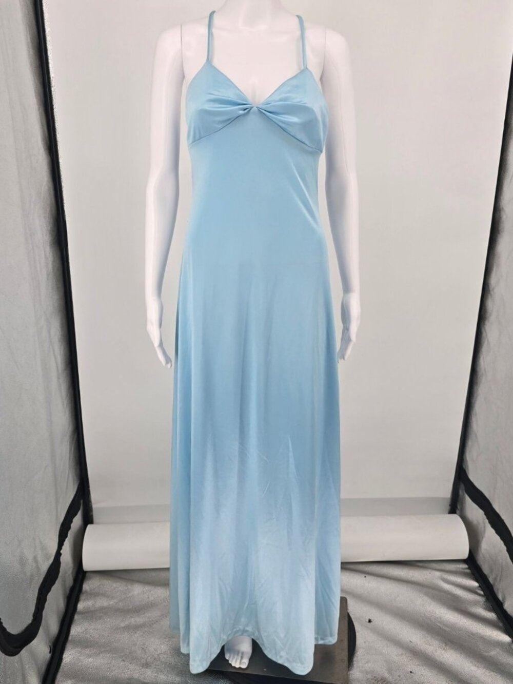 Vintage 1970s LUV Powder Blue Grecian Twist Front Slip Gown/Evening Dress (XS)